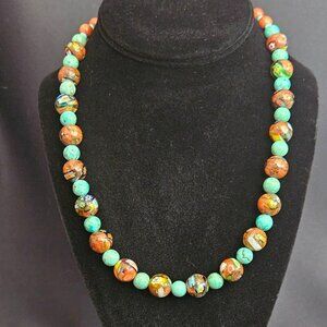 Hand Crafted Sterling Silver Beaded Murano, Turquoise, Gold Stone Ensemble